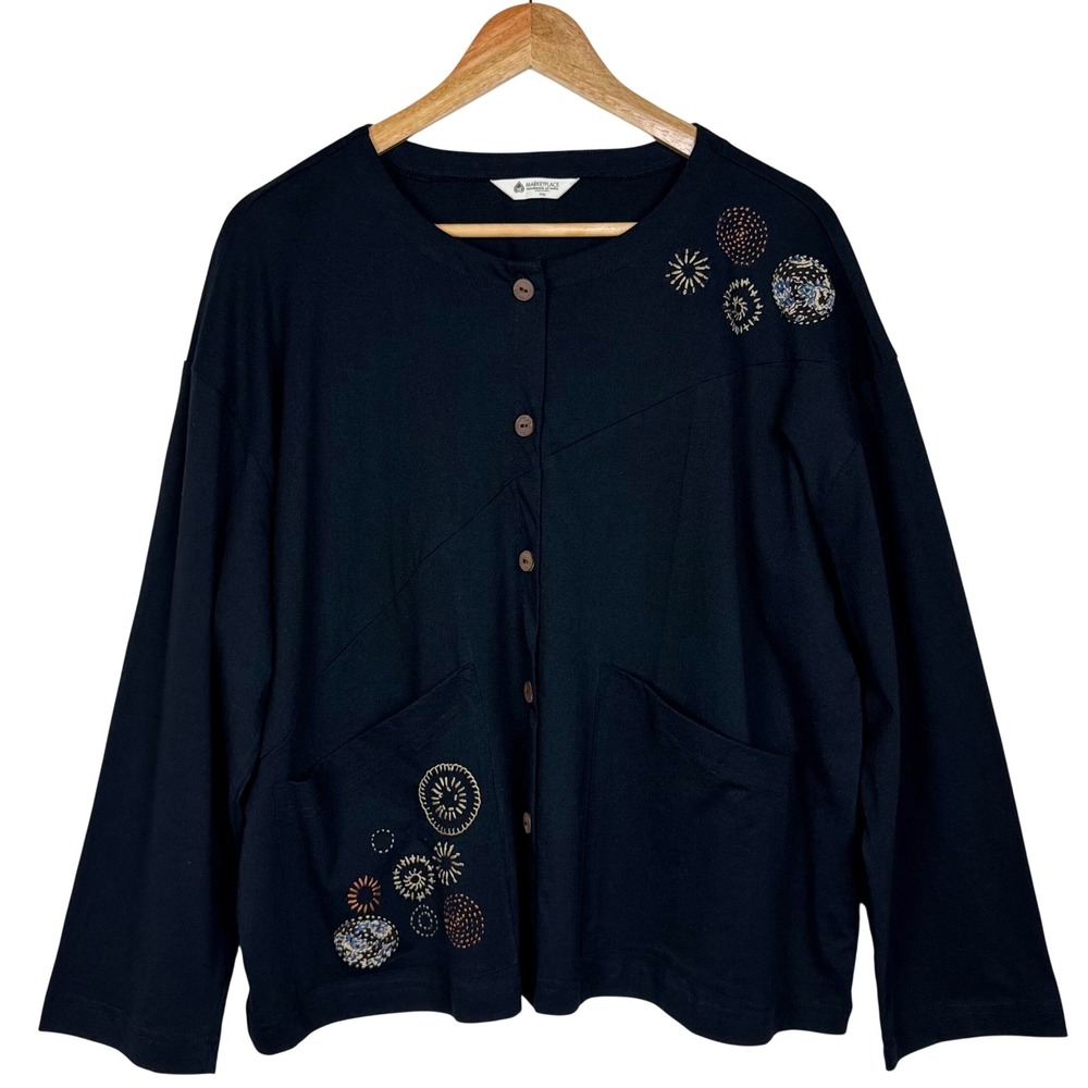 Marketplace Handwork India Cardigan Boho Artsy Embroidered Top Womens 1W Black
